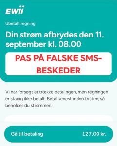 Sms’er, der hævder, at du mangler at betale en EWII-faktura, linker ind til en falsk hjemmeside med EWIIs farver og logo. Det er svindel og har intet med EWII at gøre.