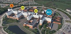 Sjællands Universitetshospital: De sidste tre sengebygninger i byggeprojektet er markeret på kortet, hvor B2 fremrykkes og åbner året før de øvrige to. B6 og B8 afleveres i 2026. Den første sengebygning, R-fløjen, åbnede i 2023.