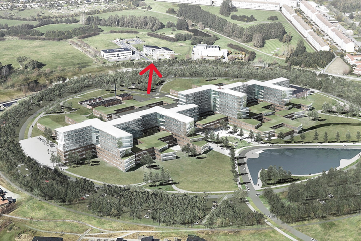 Luftfoto af det færdige universitetshospital i Køge.