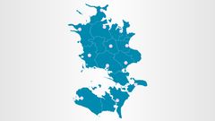 Kort der viser de 12 byer hvor der kommer brystkræftscreening
