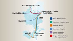 Kort over Sjælland med nye og eksisterende busruter vist i forskellige farver.