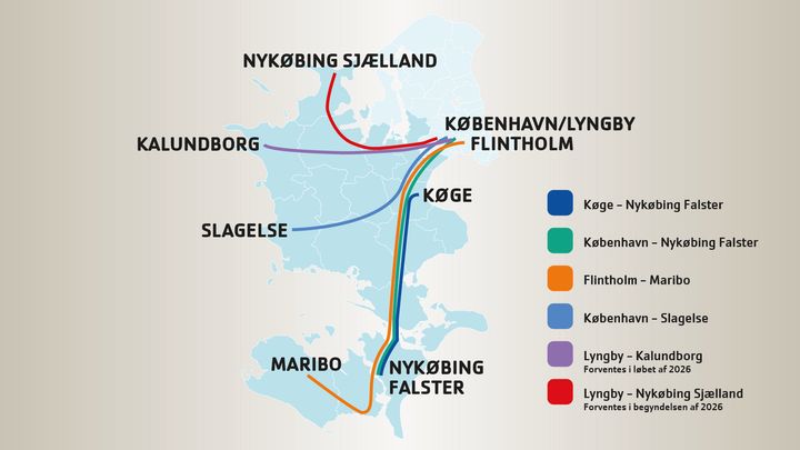 Kort over Sjælland med nye og eksisterende busruter vist i forskellige farver.