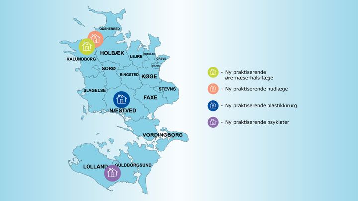 Kort over Region Sjælland med ikoner, der markerer nye praktiserende speciallæger: øre-næse-hals-læge, psykiater, hudlæge og plastikkirurg i angivne områder.