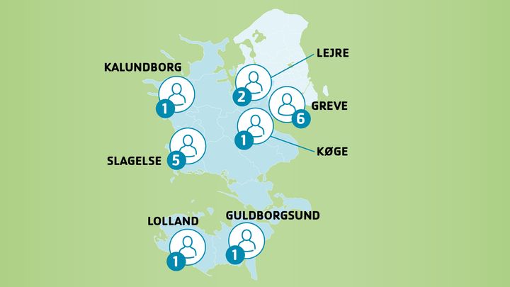 Kort over Sjælland med markeringer og tal ved forskellige byer: Kalundborg, Lejre, Greve, Køge, Slagelse, Lolland, Guldborgsund.