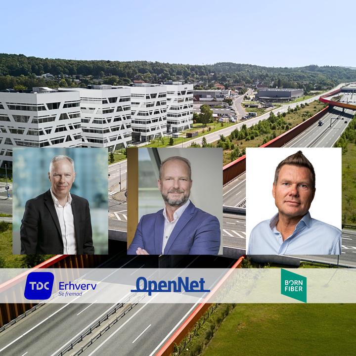 Fra venstre: John Henriksen, CEO i TDC Erhverv, Henrik Møller Nielsen, direktør i OpenNet, Uffe Nielsen, direktør i BornFiber