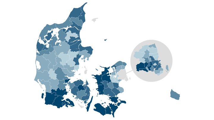 Kortet viser forskelle i andelen af fattige børn i kommunerne. Se interaktivt kort her: https://www.datawrapper.de/_/zkIz6/?v=2