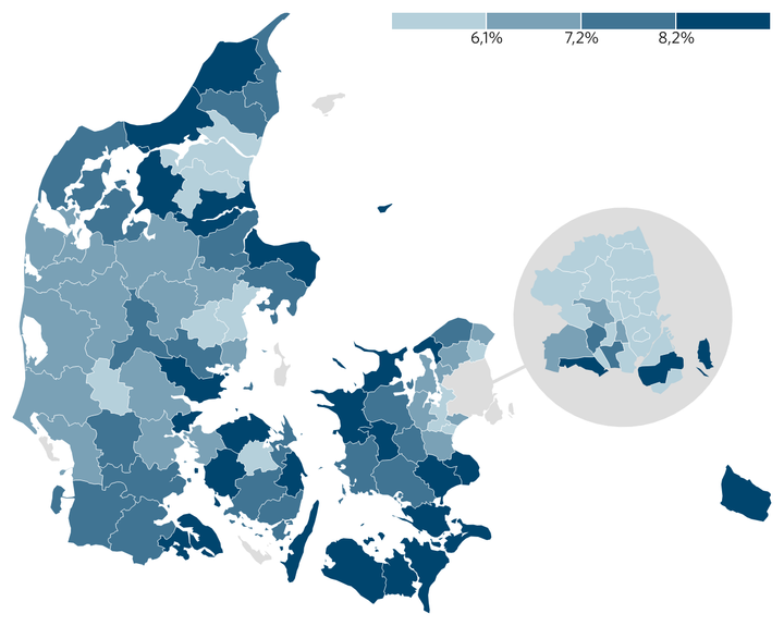 Kort over Danmarks kommuner med farvekode, der indikerer hvor stor andel af de unge, der hverken har job eller uddannelse.