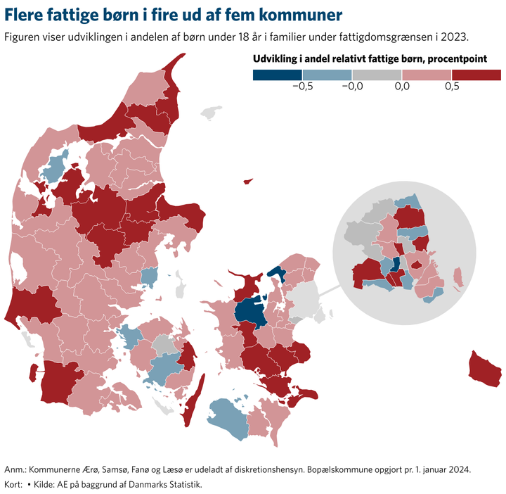 Kort, der viser at fire ud af fem kommuner har set en vækst i andelen af børn, der vokser op i relativt fattige familier.