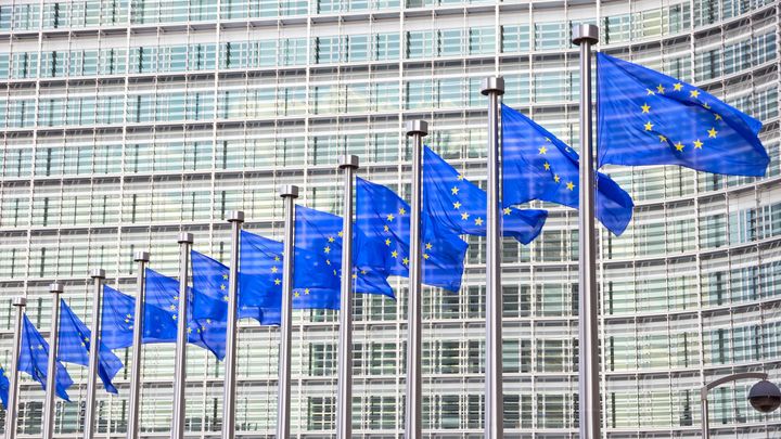En række EU-flag foran glasbygning i Bruxelles
