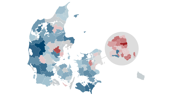 Danmarkskort der viser, at andelen af almindelige lønmodtagere der bor i ejerbolig, er faldet i og omkring de største byer.