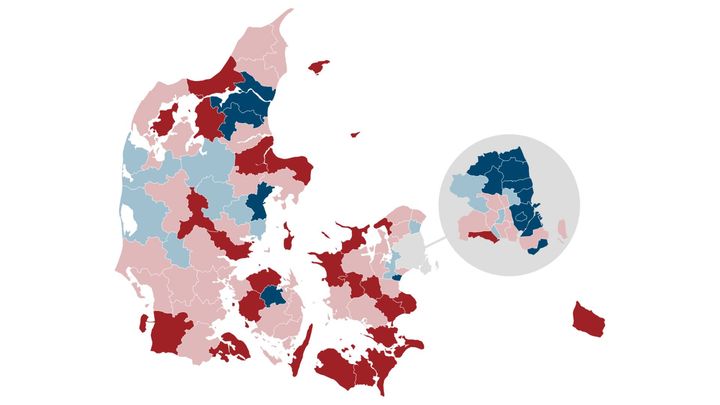 Landkort der med farvekode viser, at kommunerne med den højeste andel unge uden job og uddannelse ligger i Syd- og Vestsjælland og på Fyn, mens andelen er lavest i de største byer.