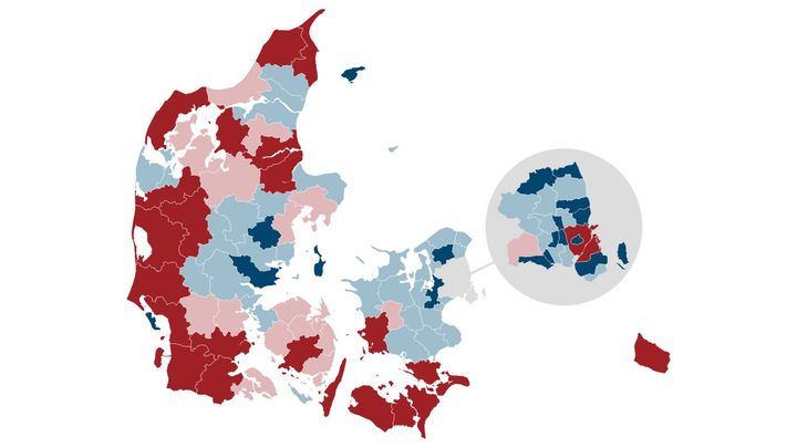 Landkort med farvekode, der viser, at skolenedlæggelser oftere rammer børn fra landdistrikter.
