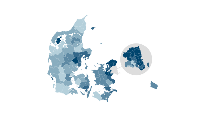Landkort, der viser, at arveafgiften primært vil gavne i hovedstadsområdet, mens borgerne i mange jyske kommuner får meget lidt ud af det.