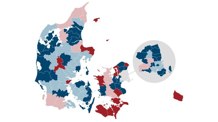 kort med farvekode, der viser, at det særligt er på Syd- og Vestsjælland, i Jylland og på den københavnske vestegn, at mange elever går i de 100 mest fagligt udfordrede folkeskoler.