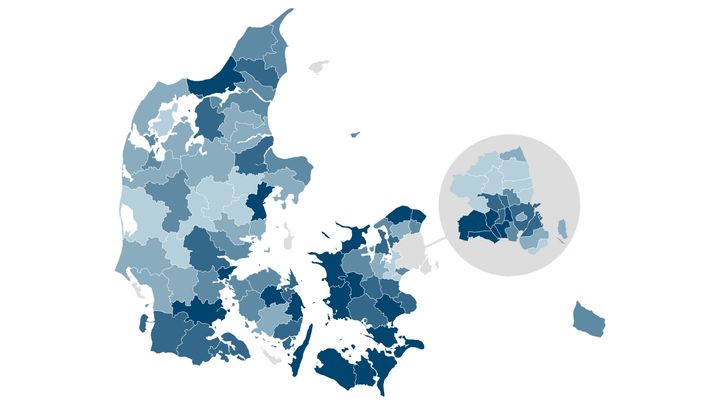 Landkort med farvekode, der viser, at der er flest børn, der lever for mindre end minimumsbudgettet på Vest- og Sydsjælland.
