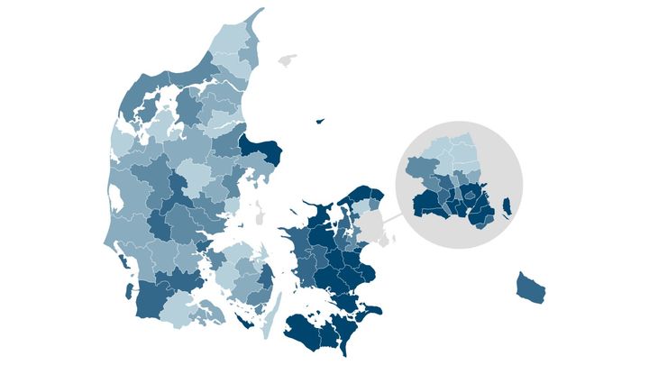 Landkort, der viser at den laveste andel studenter uden uddannelse findes nord for København på Fyn og i store dele af Jylland.