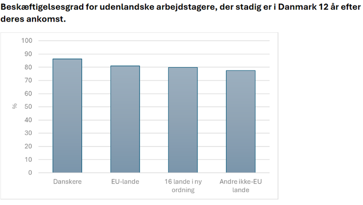 Beskæftigelsen blandt danskerne er på 86 pct. For arbejdere fra EU-lande er den på 82 pct. For udenlandske arbejdere fra de 16 lande i den nye ordning er beskæftigelsen på 80 pct. Blandt udenlandske arbejdere fra andre ikke-EU-lande, der ikke er med i den nye ordning, er beskæftigelsen på 78 pct. Kilde: Egne beregninger på data fra Danmarks Statistik