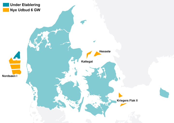 Kort over eksisterende og kommende havvindmølleparker. Illustration: Energistyrelsen.
