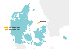 Oversigtskort med de tre arealer, der udbydes til havvind.