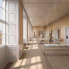 Lauritz de Thurahs bygningskompleks fra 1730’erne er fredet. Derfor omdanner Cobe nænsomt og med respekt for stedets historie det ikoniske palæ til tidssvarende besøgsoplevelse. Her fra hovedbygningen, som skal rumme udstillinger.