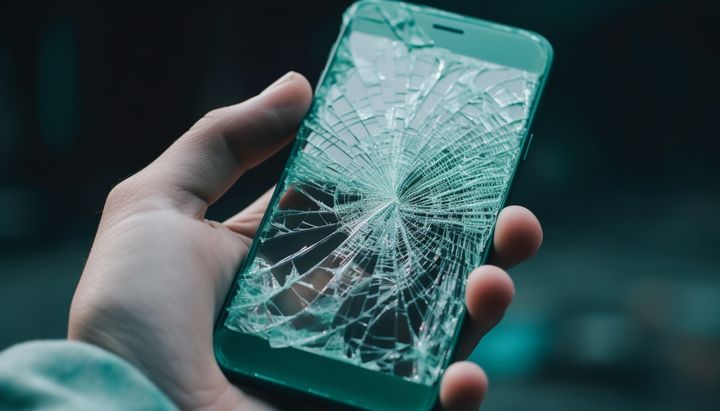 En hånd holder en smartphone med en ødelagt skærm.