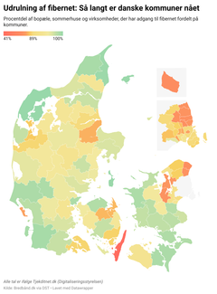 Danmarkskort, der viser hvor langt hver enkelte kommune er nået med udrulningen af fibernet.