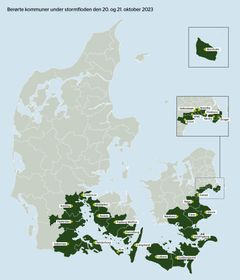 Figur 1. Det er de 27 kommuner, hvor Naturskaderådet erklærede stormflod den 20. og 21. oktober, der kan at søge om tilskud fra puljen.
