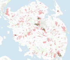 Kortet illustrerer overlap mellem de kortlagte sårbare grundvandsdannende områder på Fyn og Naturstyrelsens aktive skovrejsningsprojekter på Fyn. Overlappet udgør ca. 1350 ha.