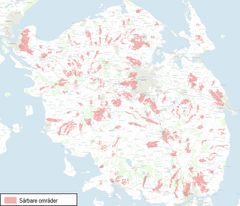 Kortet illustrerer de kortlagte sårbare grundvandsdannende områder på Fyn. I alt udgør de ca. 28.300 ha.