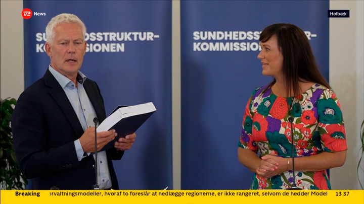 Skærmbillede af sundhedsminister Sophie Løhde og kommissionsformand Jesper Fisker