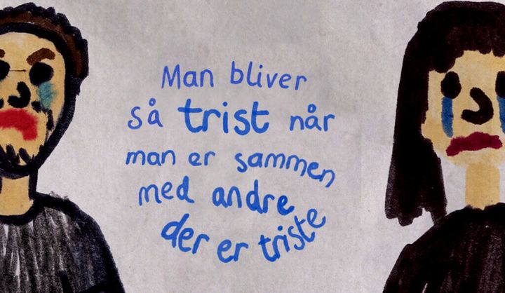 Tegning af to mennesker og en tekst om at man bliver trist af at være sammen med andre, der er triste.