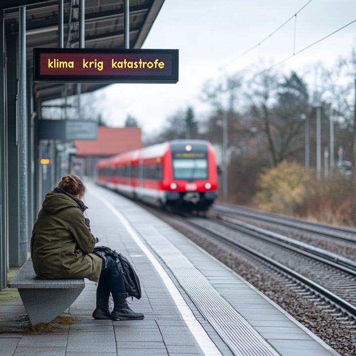 En person sidder på bænk på togstation mens rødt tog kører forbi. På skilt over personen står ordene "klima", "krig" og "katastrofe".