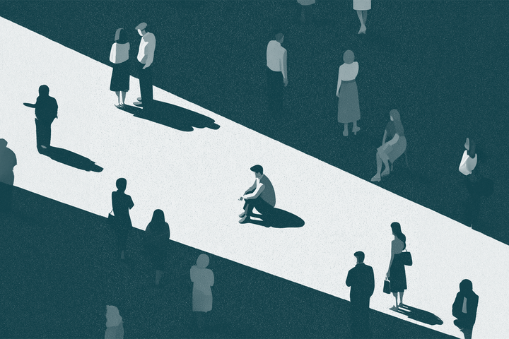 Illustration med et menneske siddende på jorden, omgivet af andre mennesker, der ikke ænser vedkommende
