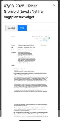 Referat fra Vagtplansudvalgsmøde 6/3-2025 - Ambulance Sjælland. Afsender er sektionsleder Tabita Grønvold