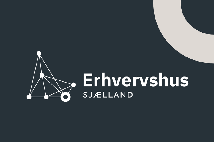 Logo for "Erhvervshus Sjælland" med et netværksikon af forbundne prikker på mørk baggrund.