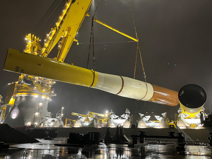 Monopile steel foundations used for Ørsted's offshore wind farm Borkum Riffgrund 3 in Germany