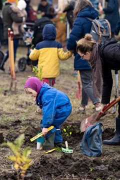 Flere generationer håndplanter træer til indvielse af en folkeskov.