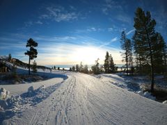 En snötäckt väg omgiven av skog och solnedgång i bakgrunden.