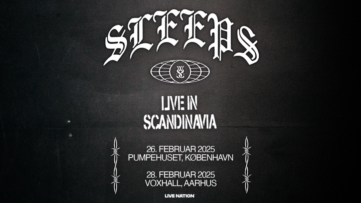 Plakat for "While She Sleeps" koncert i Danmark, februar 2025, København og Aarhus.