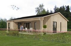 Visualisering af kommende bolig med træfacade, en gruppe mennesker står foran huset.