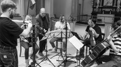 Nordic String Quartet, producer Tim Frederiksen og tonemester Jonas Eliyah Munch-Hansen (foto: Jesper Pedersen)