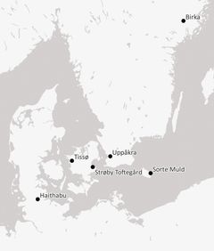 Kort over vikingesites med fund af vinduesglas.