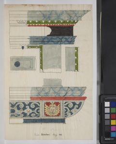 Målfaste akvareltegninger af et udsnit af altertavlen fra 1616 i Varde Kirke. Altertavlen blev malet med varme røde og rødbrune farver i 1711, men disse kulører blev senere i 1828 overmalet med grå og blå marmorerede farver.