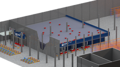 Visualisering af STARKs kommende AutoStore‑robotlager, hvor lagerrobotterne skal sikre hurtig og stabil ordreplukning til håndværkere i hele Danmark.