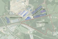 Taulov Dry Port har opført de markerede bygninger på Prinsessens Kvarter og Baronessens Kvarter på illustrationen. Hertugens Kvarter er næste udviklingsfase i Taulov Dry Port.