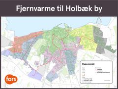 Billedet viser et kort opdelt i etaper for udrulning af fjernvarme i Holbæk by