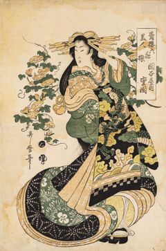 Kitagawa Utamaro II, Shigeoka fra Huset Okamotoya fra serien Skønheder fra De blå tårne sammenlignet med seks blomster, før 1831. Designmuseum Danmark. Foto: Pernille Klemp