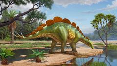 Rekonstruktion af 'Hesperosaurus mjosi' i dens naturlige habitat fra Jura-tiden.