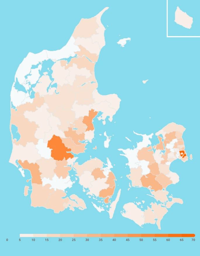 Kort%20viser%20t%E6theden%20af%20skoler%20involveret%20i%20Masseeksperiment%u201923%20i%20alle%20danske%20kommuner%20.%20Skalaen%20henviser%20til%20antallet%20af%20skoler%2C%20og%20hvor%20hver%20skole%20leverede%20op%20til%2010%20pr%F8ver.