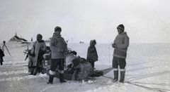 Sort-hvidt foto af Den 5. Thule Ekspedition, hvor ekspeditionsmedlemmer, står på sne med hundeslæde og udstyr.